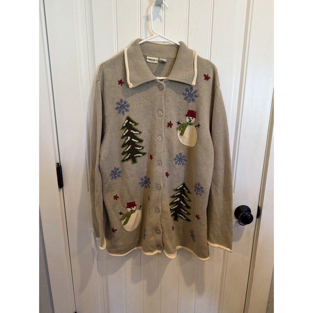 Cherokee Women 1X Christmas Cardigan Snowman Tree Snowflake Grandmacore Sweater